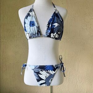 aerie Blue and White Floral Halter Tie-Side Bikini